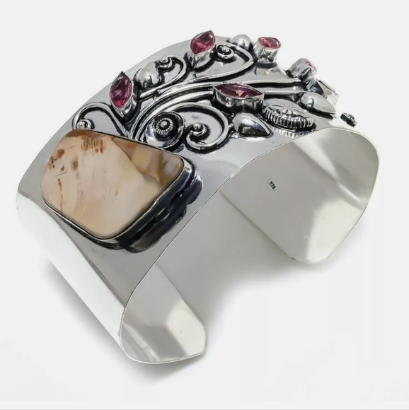 New Mookaite Jasper and Rubellite 925 Silver Cuff Bracelet. - Picture 2 of 16